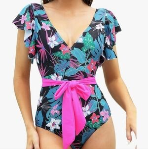 Binlowis Deep V Neck Flounce One Piece Ladies Floral Print Swimsuit NWT Size L